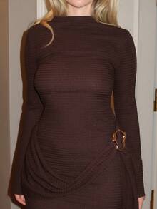 Turnttoni 束腰极简喇叭袖紧身束腰连衣裙 - 咖啡 - 查看 3