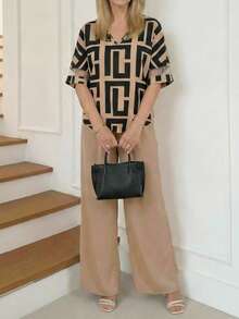 Miaspire Women's Geometric Print Short Sleeve Top And Pants Set - Multicolor - View 4