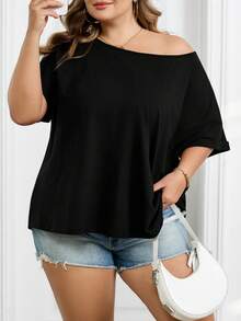 SHEIN CURVE+ 大码女式休闲宽松斜肩黑色T恤，黑色不对称肩部上衣 - 黑色 - 查看 5