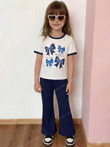 2pcs/Set Spring/Summer Toddler Girls' Outfit, White Round Neck Short Sleeve T-Shirt + Blue Flare Leg Pants, Blue Trim Collar & Cuffs, Bow & Text Print, Elastic Waist, Cute & Sweet Style Suitable For Play, Small Gatherings, Outings - Multicolor - View 4