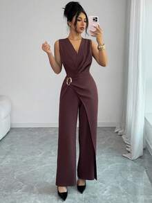 Elenzga Bộ jumpsuit nữ thanh lịch, tối giản, không tay, màu trơn, xếp ly, thích hợp cho mùa xuân/hè. - Màu nâu Sô-cô-la - Xem 4