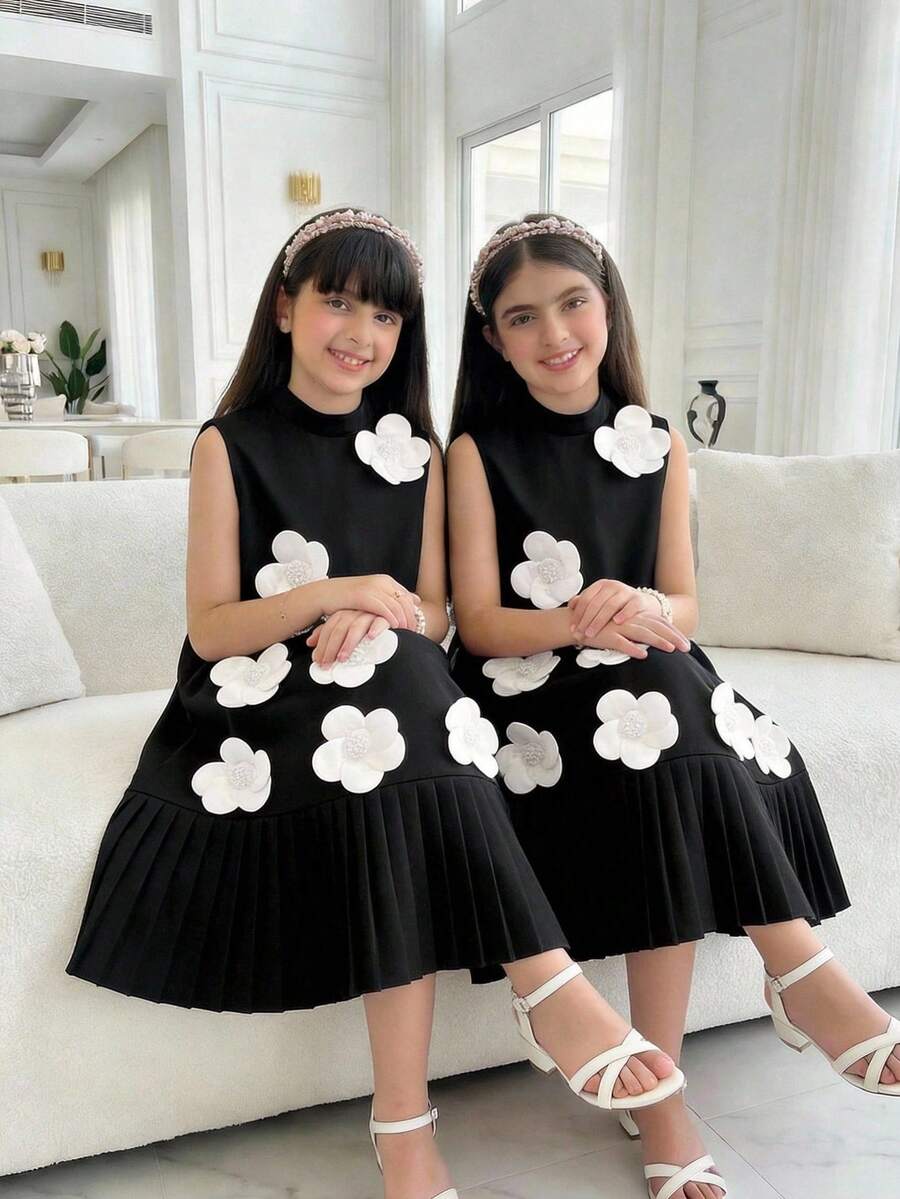 SHEIN Vestido sin mangas para niña preadolescente con cuello mao, manga corta, tejido con bloqueo de color y decoración floral 3D, adecuado para fiesta de cumpleaños, Día de San Valentín - Negro - Ver 1