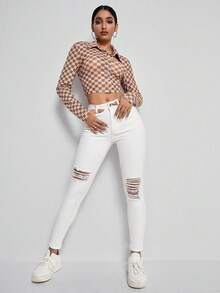 SHEIN ICON Celana Jeans Skinny Fit Kasual Serbaguna Warna Polos dengan Efek Sobek - Putih - View 4