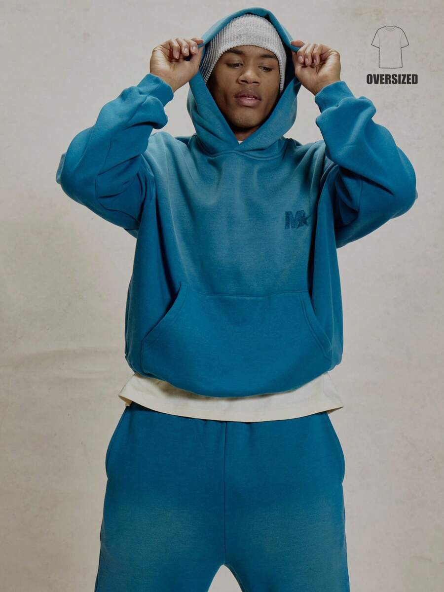 Musero Oversized Langarm Gewaschen Kapuzenpullover mit Marken-Patch-Details Trainingsanzug Co-Ord Sweatshirt Oberteil nur Herbst Kapuzenpullover Essentials Frühling&Sommer - Blau - Übersicht 1