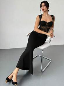 Firerie 女士优雅蕾丝拼接修身连衣裙/舒适秋冬女装/优雅派对礼服/性感连衣裙/棕色蕾丝连衣裙/新年造型/仙女风连衣裙/束身连衣裙/新年连衣裙/性感连衣裙 - 黑色 - 查看 3