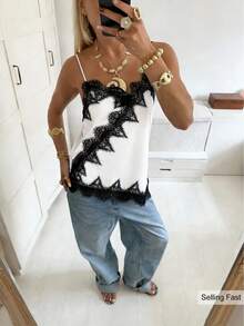 Siren Gaze 女士蕾丝拼接吊带背心，适合度假和日常穿着 - 黑與白 - 查看 10