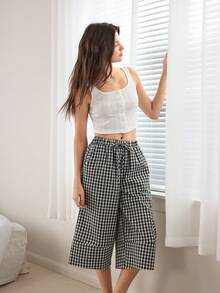 Ocili Women's Solid Color Tank Top & Plaid Wide Leg Pants Pajama Set - Black and White - View 4