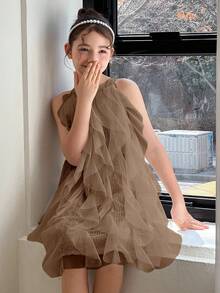 DAZY Tween Girls' Fashionable Party Sequin Ruffle Mesh Halter Dress, Summer - Coffee - View 5