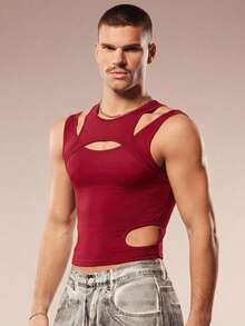 FeverCity 男士纯色圆领无袖镂空修身时尚夏季背心 - 紅色 - 查看 5