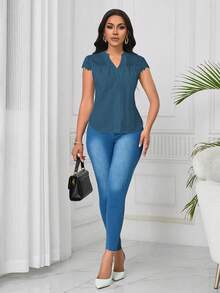 Lunelith SHEIN Lunessa Elegant Lace Patchwork Wave Striped Short Sleeve Women Blouse - Teal Blue - View 5