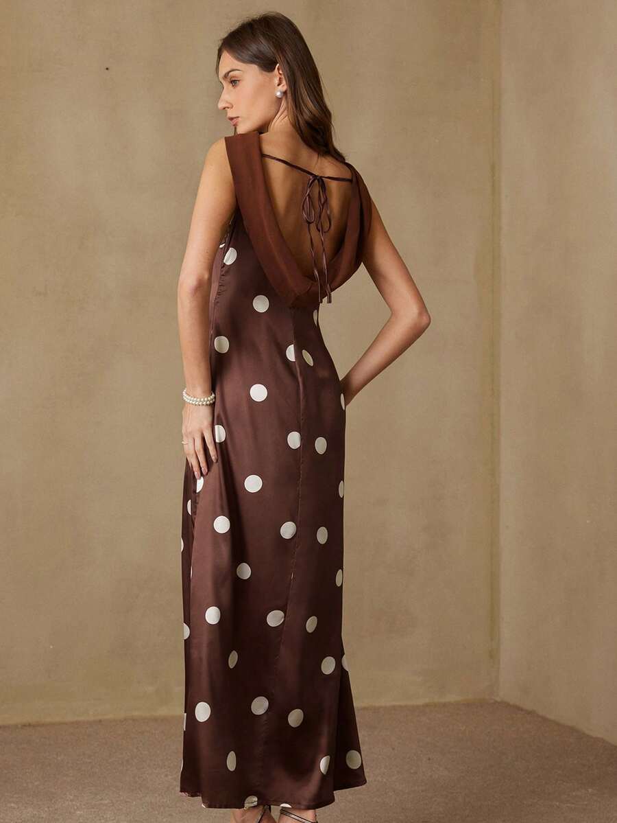 Revavyn Elegant Satin Plunging Neck Color Block Polka Dot Sexy Backless ...