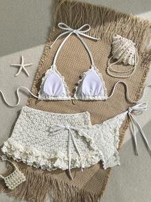 Bộ đồ bơi 3 món Swim Mod, áo bikini tam giác buộc dây cổ màu trơn với họa tiết hoa, trang trí vỏ sò ngọc trai, quần bikini buộc dây bên hông và chân váy xếp ly, bộ đồ bơi gợi cảm, bộ đồ bơi móc len mùa xuân/hè cho nữ, bộ bikini móc len ren cổ điển, bộ đồ Boho, bộ đồ đi biển 2 mảnh cho nữ, bộ đồ đi biển, bộ đồ phối hợp đi biển cho nữ, bộ đồ đi biển mùa hè cho nữ. - Màu be - Xem 2