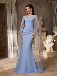 Aureia Elegant Blue Elastic Knit Square Neck High Waist Slimming Mesh Sheer Extra Long Flare Sleeve Luxurious Rhinestone Embellished Fishtail Maxi Dress, Suitable For Weddings, Singles Parties, Dates, Vacations - Dusty Blue - View 1
