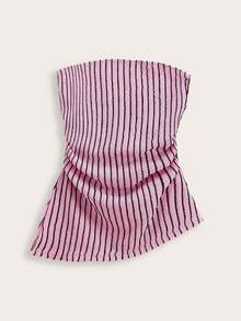 Comfortcana Women's Fuchsia Striped Print Ruched Asymmetric Hem Bandeau Top - Hot Pink - View 1