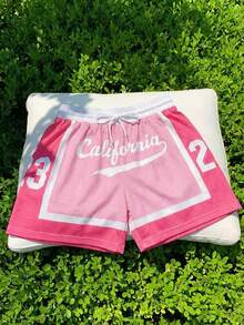 Comfortcana Quần short nữ màu hồng in chữ tương phản, thích hợp mặc hàng ngày, làm quần short bóng rổ hoặc quần cargo. - Hồng - Xem 5