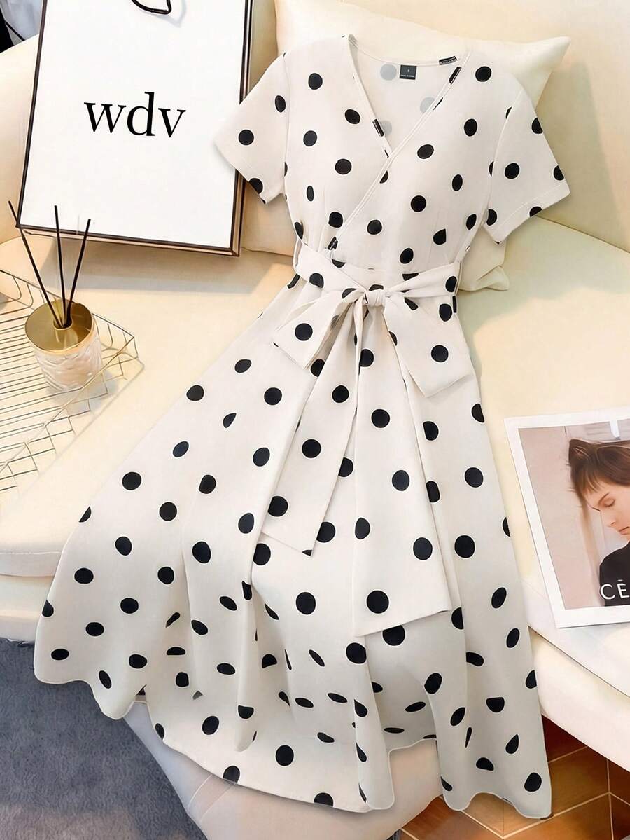 GlowEve 女士夏季梭织无弹力V领交叉肩短袖收腰蝴蝶结喇叭波点印花连衣裙 - 彩色 - 查看 1
