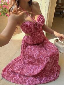 Sunnyshic 女士玫红色佩斯利印花无肩带系带修身连衣裙，性感别致的欧式海滩度假风 - 玫紅色 - 查看 5