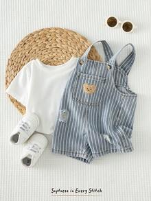 Cozy Pixies 男婴卡通熊图案前口袋背带牛仔连体裤 - 藍色 - 查看 4