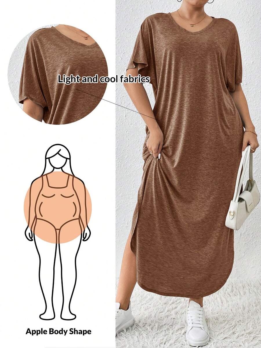 SHEIN Essnce 大码女装春夏新款时尚通勤休闲口袋开衩长款睡袍连衣裙 - 棕色 - 查看 1