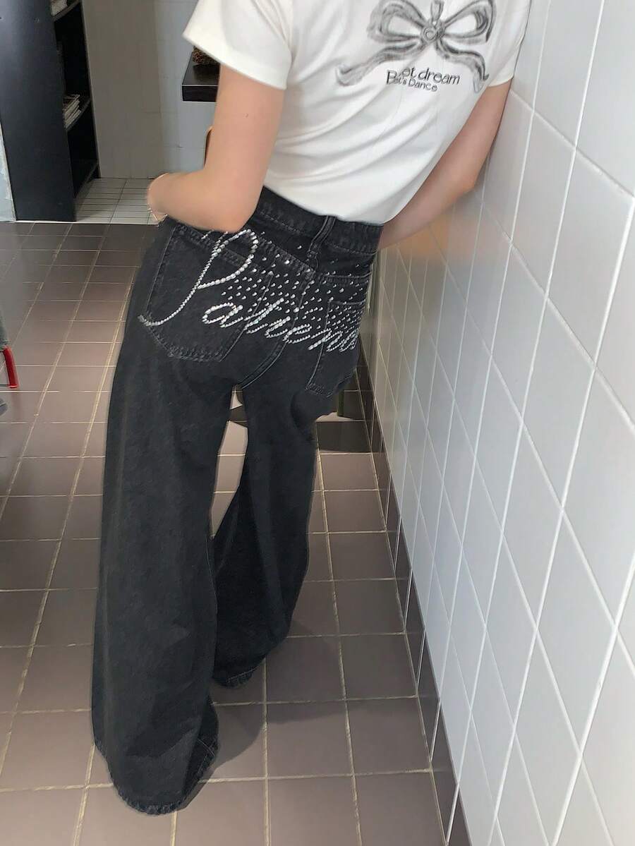 DAZY 女士水钻装饰休闲街头风做旧牛仔裤 - 黑色 - 查看 1