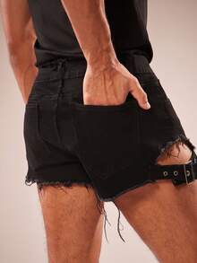 FeverCity Men's Distressed Pocket Denim Washed Elastic Loose Shorts - Black - View 3