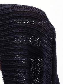 DAZY 女士夏季圆领短袖薄纱露背性感休闲修身针织上衣 - 藏蓝色 - 查看 7