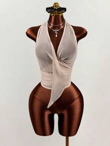 Mistrie 性感深V领女士衬衫，采用时尚褶皱设计和透视细节 - 杏色 - 查看 1