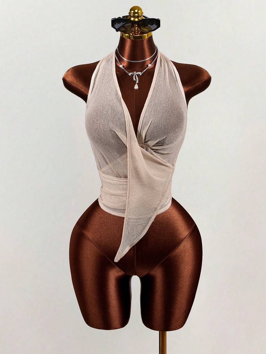 Mistrie 性感深V领女士衬衫，采用时尚褶皱设计和透视细节 - 杏色 - 查看 1