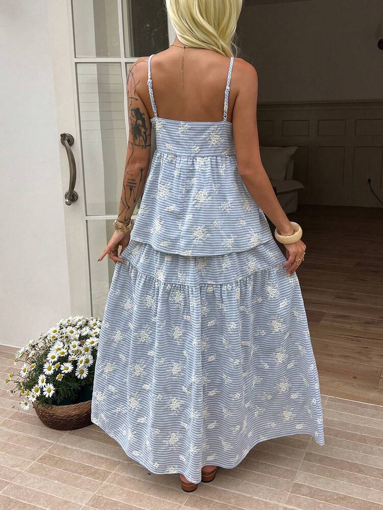 2pcs Women Textured Jacquard Striped Loose Camisole & Maxi Skirt Casual Summer Vacation Set Boho