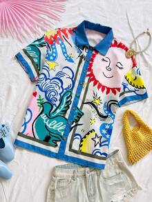 Soleia 女士彩色涂鸦印花翻领衬衫，适合海滩、邮轮、城市、度假、约会、下午茶、音乐节、波西米亚风、海滩度假村、海岛度假村、海滩假期、音乐节等场合，四季皆宜，日常通勤也适用。 - 彩色 - 查看 4