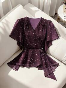 Modelyn Plus Size Elegant Polka Dot Print Wrap Shirt, Summer - Purple - View 1