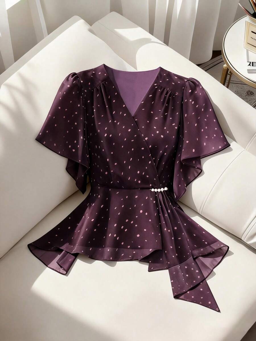 Modelyn Plus Size Elegant Polka Dot Print Wrap Shirt, Summer - Purple - View 1
