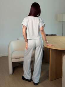Abrilcols Grey Knitted Women Home Set, Simple Fashionable Casual Daily Top & Pants - Grey - View 2
