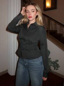 Turnttoni Blouse à manches longues avec col rayé, taille ajustée, boutons texturés de couleur contrastée, flatteuse pour les femmes - Noir - Voir 4