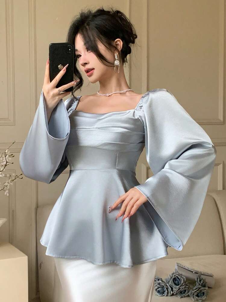 Spring & Summer Satin Solid Blue Puff Sleeve Ruffle Trim Pullover Top, Elegant For Valentine's Day, Wedding, Party, Formal Occasion, Fashion Event, Waist Cinched, Long Sleeve Blouse For Women Babydoll Top