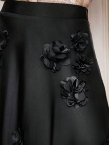 Amorya 女士纯色3D立体花卉装饰简约设计优雅半身裙，春夏度假妇女节优雅职场装，妈妈节礼物，节日海滩约会之夜 - 黑色 - 查看 7