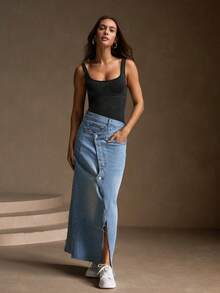 Anewsta Petite 女士时尚优雅方领针织罗纹背心，水洗T恤连体衣，秋季款 - 黑色 - 查看 6