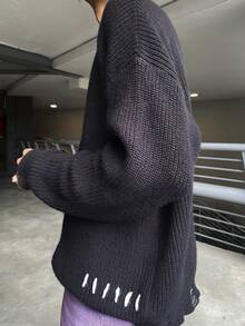 Ngobest Haus Ngobest Haus ANDREILEE 男士街头时尚设计手工系带下摆和袖口做旧流苏黑色极简长袖毛衣，休闲宽松圆领套头衫，适合春、秋、冬三季穿着。 - 黑色 - 查看 3