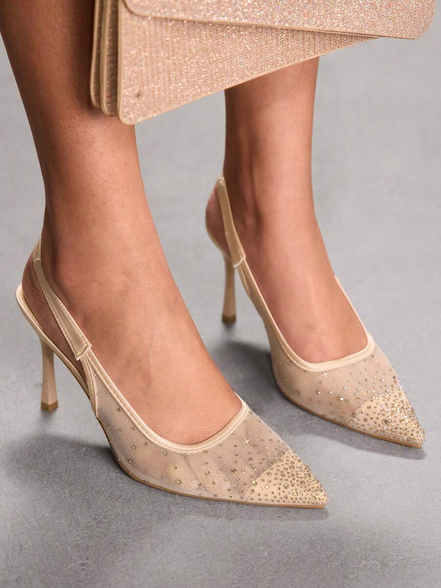 CUCCOO SZL 女士时尚尖头水晶/水钻缎面派对/晚宴高跟一脚蹬鞋 - 香檳色 - 查看 1