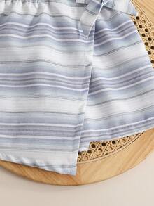 SHEIN Tween Girls' Summer Casual Vacation U-Neck Ribbed Trim Curved Hem Solid Knit Elastic Sleeveless Tank Top And Wrap Striped Shorts Set - Blue and White - View 3