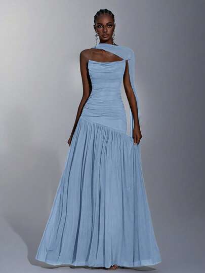 Elitara Elegant Blue Minimalist High-Elastic Mesh Strapless Ruched Waist A-Line Dress, Suitable For Dates, Singles Parties, Weddings, Formal Events