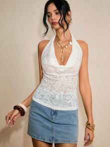 Poéselle 女士性感纯色提花深V露背吊带上衣，夏季 - 杏色 - 查看 5