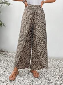SHEIN Frenchy 全身印花打结腰郁金香下摆阔腿宽松交叉裤 - 棕色 - 查看 6