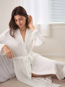 Ocili 100%纯棉舒适弹力提花针织条纹华夫格纹睡袍，配系带腰带，女士家居服 - 白色 - 查看 6