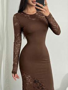 SHEIN PETITE Đầm Maxi đuôi cá phối ren đen cổ bẻ, phong cách tối màu, gợi cảm, thanh lịch, gợi cảm, thu đông - màu nâu - Xem 6