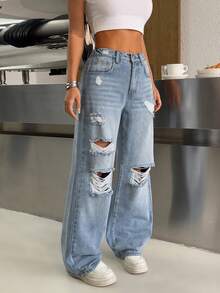 SHEIN PETITE Spring To Summer Women's Blue Jeans BlingBling Diamond Embellished Low-Rise Wide-Leg Pants Y2K Music Festival Outfit - Blue - View 4