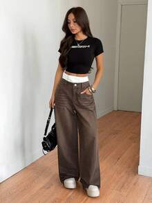 SHEIN Tall 夏季女式牛仔裤低腰宽松直筒裤双腰直筒裤拼接直筒裤 - 棕色 - 查看 5