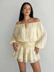 Aloruh Đầm mini lãng mạn cổ tích màu vàng tay phồng dáng rộng thắt eo bằng chiffon xếp ly nhiều lớp trễ vai. - Màu vàng - Xem 1