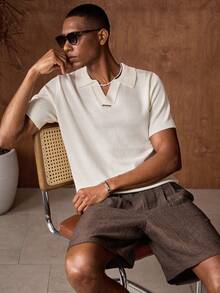 AKNOTIC Business Casual 男士夏季休闲纯色短袖针织上衣 - 杏色 - 查看 4