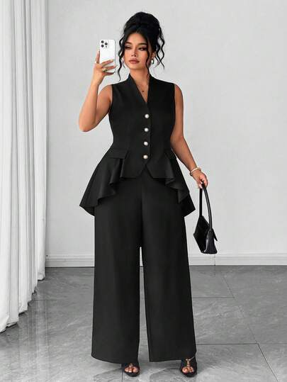 Elenzga 大码梭织面料优雅休闲时尚百搭纯黑色V领无袖收腰A字不对称前短后长下摆装饰纽扣外套和直筒阔腿裤女两件套